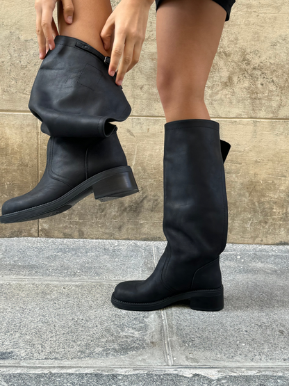 Transformable Black Boots with Open-Back Design