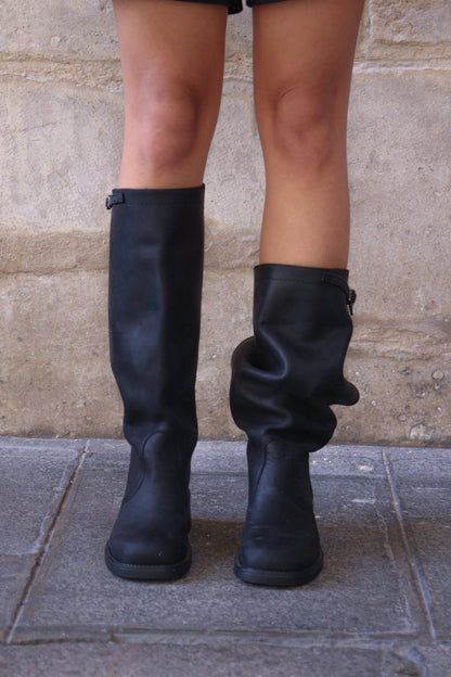 Transformable Black Boots with Open-Back Design